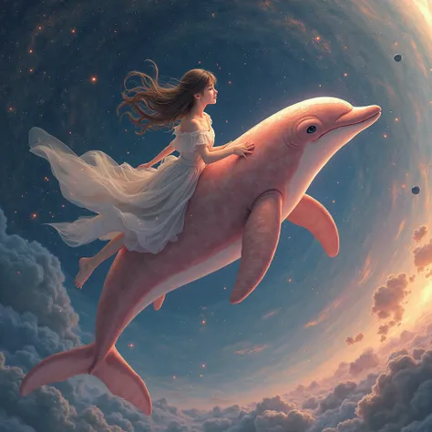 a girl riding a giant red dolphin flying on the sky, dreamy, romantic, 8k, hd, unreal engine, anime, starry, universe, mars venus jupiter