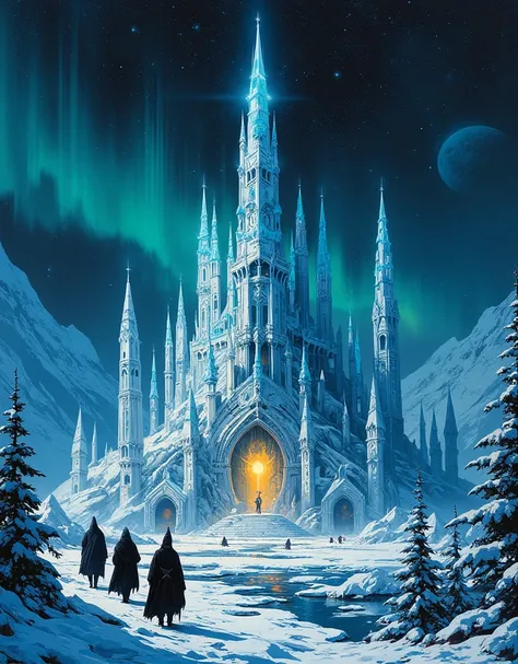 A majestic Winter Kingdom, in the style of Salvador Dali, Waterfall, Ruined ghost Statue, ((parallax: 1.4)), summoning, distortion, veil, sacrifice, gear, (fortress: 1.2), Towering stone fortress with intricate carvings rise prominently, towering crystalli...