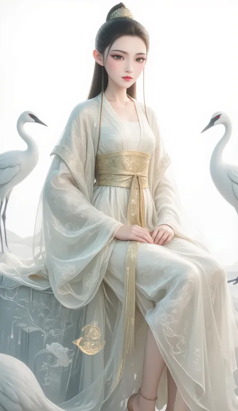 a girl, Ancient Chinese clothing, full body, sunshine, Clear face, Clean White Background , masterpiece, super detailed, Epic Composition, Ultra HD, high quality, Extremely fine, Official Art , Clear 8k Wallpaper , super detailed, 32K,CG,crane girl...