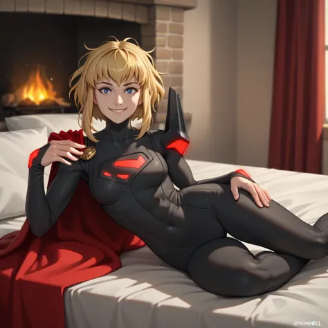 lying, on side, sidelay, fireplace, pillow, 1girl, solo, karazoreldef, short hair, blonde hair, medium breasts, toned, karazorelfit, red cape, red glow, black two-tone bodysuit, black shoulder armor, looking at viewer, horny, hot, flirty, attractive, teasi...