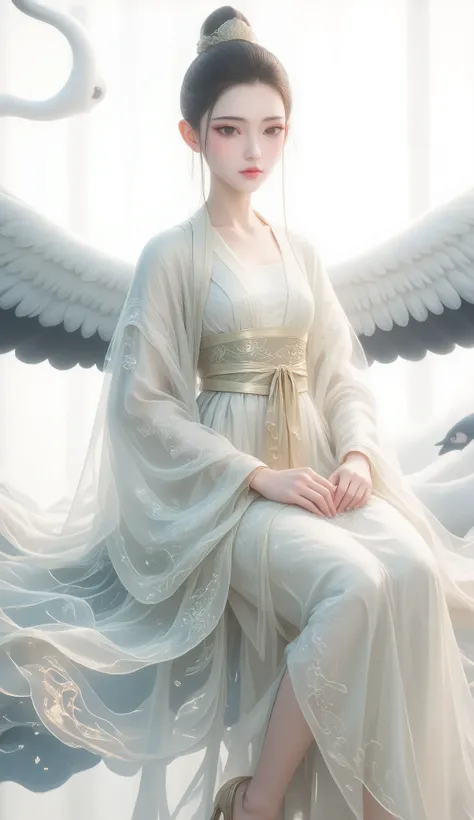 a girl, Ancient Chinese clothing, full body, sunshine, Clear face, Clean White Background , masterpiece, super detailed, Epic Composition, Ultra HD, high quality, Extremely fine, Official Art , Clear 8k Wallpaper , super detailed, 32K,CG,crane girl...