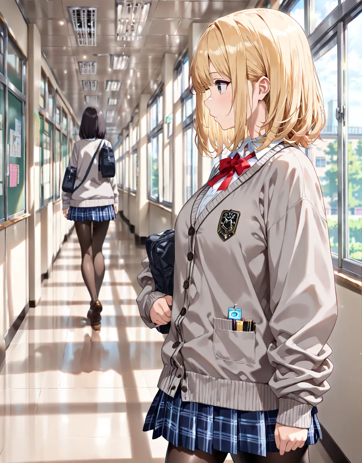 Alone, {perfect masterpiece},[[path tracing]],{Best quality},very aesthetic, (masterpiece, best quality, very aesthetic, ultra detailed), intricate details, uncensored, high resolution, super detailed skin, blonde, (1girl:1.5) medium hair, school uniform, ...