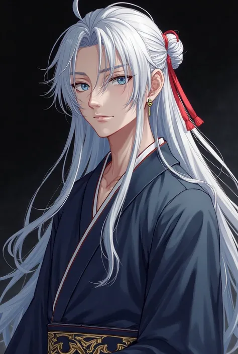 on light silver hair with a cool feel, light blue eyes, and dark navy or black ginseng, waist strap with a pattern engraved on the waist, long, half-bundled hair, Male character with red hair tie decoration. The background is dark from the Joseon Dynasty.