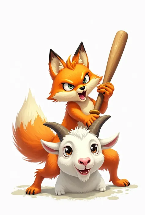 Orange fox hitting with a bat on white goat hed