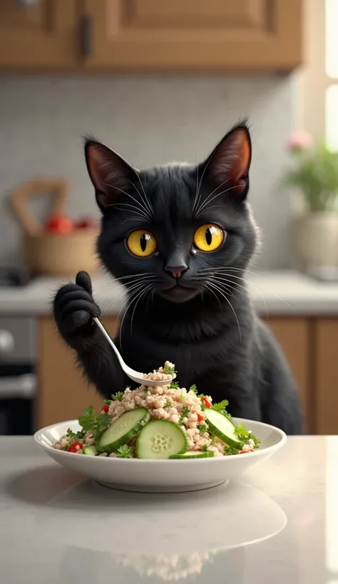 A black cat with yellow eyes is holding a spoon with one paw, scooping and happily eating a cucumber tuna salad from a bowl it made, placed on the kitchen counter.