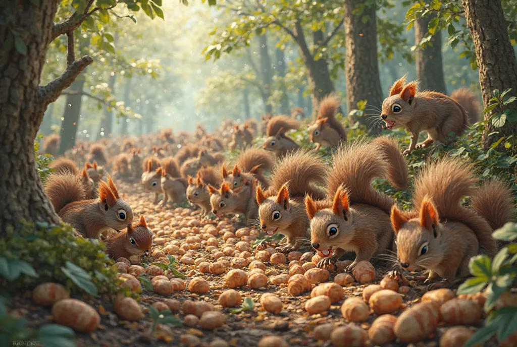 
a big line of various squirrels working on nuts