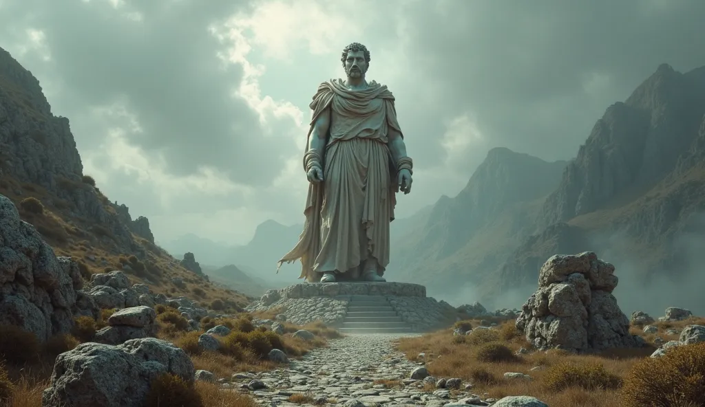 A dark, wind-swept Greek mountaintop, with ruins scattered around. A massive statue of Marcus Aurelius stands resolute in the center, facing the wild, stormy landscape, symbolizing strength and wisdom against the harsh elements."