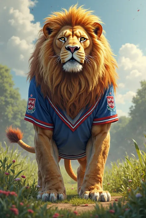 create a royal Lion wearing England's blue and red cricket jersey and standing boldly.
