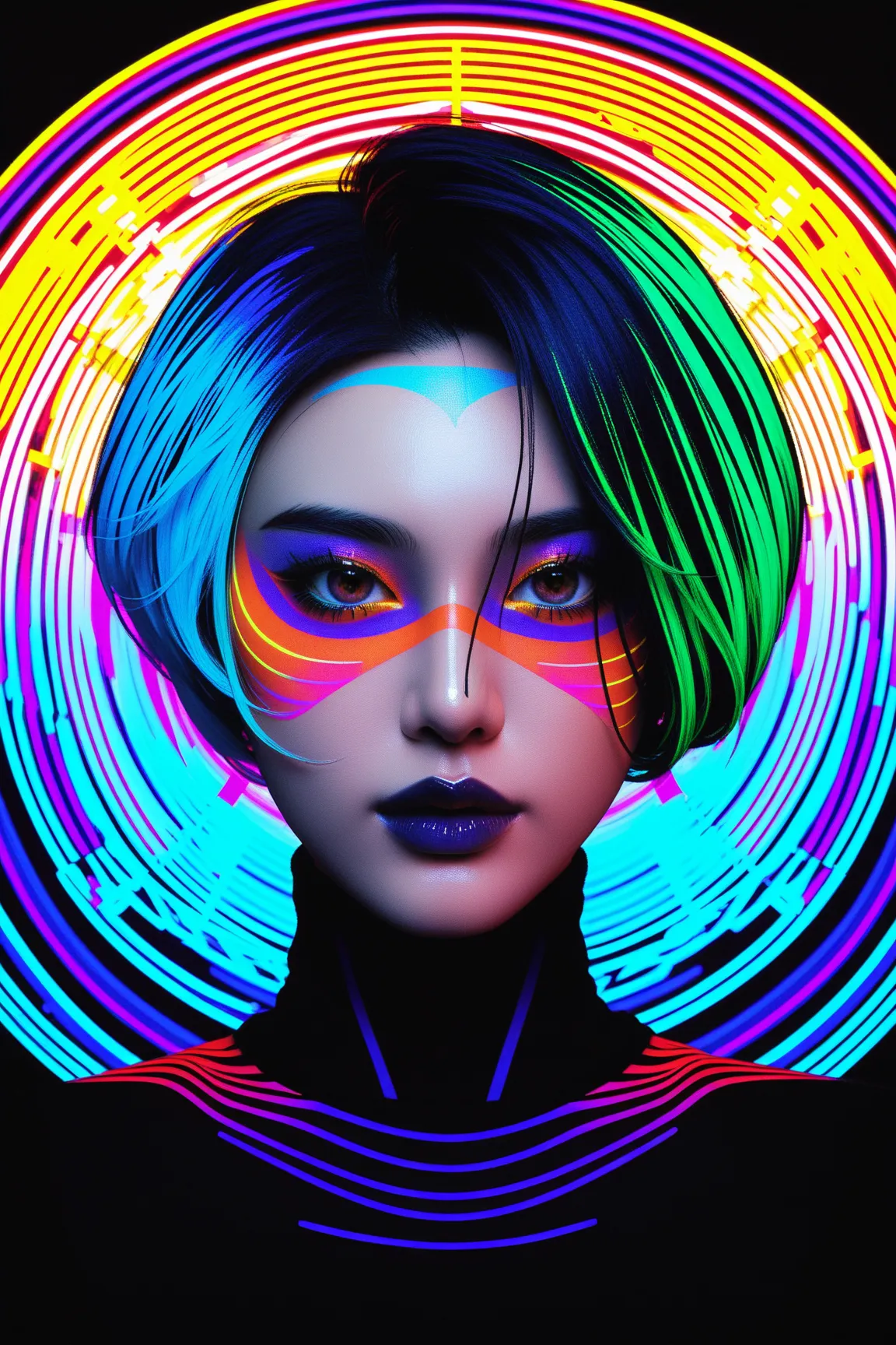 Expressionist artwork image of a kpop idol, portrait, korean woman, colorful, color splash, neon colors, make it weird and gallery worthy, psychedelic, 60s, trippy, robot girl, 