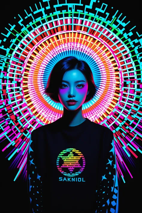 Expressionist artwork image of a kpop idol, portrait, korean woman, colorful, color splash, neon colors, make it weird and gallery worthy, psychedelic, 60s, trippy, robot girl, 