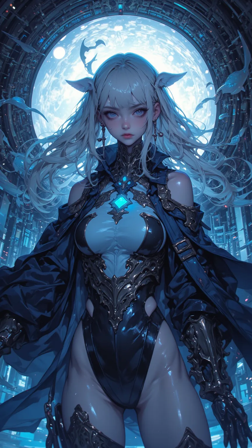 An excellent work，shows a single female character from the anime，has white hair and blue Eyes，Described as a Masterpiece，Superior Quality。 This character is full of power and mystery，Looks like Bayreese Asner（Byleth Eisner）meets the undead knight in a char...