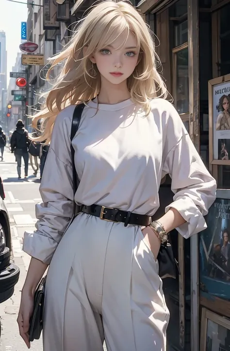 Photo of a beautiful blonde caucasian woman standing on a street corner, Perfect model body shape, Stylish pants style, stylish belt, colorful purple shirt, sunglasses, very stylish, with influence of Jeremy Mann, Jeremy Mann, style of Jeremy Mann, Jeremy ...