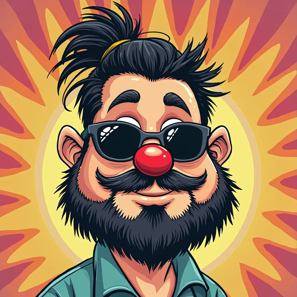 Funny cartoon 50's, face of a man with short beard snub nose and manbun black hair, with sunglases, his face is a circle, smiling, clown nose, psychedelic