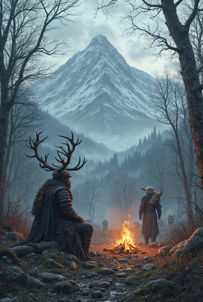 two warriors in elden ring style, one sitting by the campfire, the other approaching with a dead deer on his shoulder, a snowy mountain in the distance, and an ominous misty forest, dry trees, branches, ruins and graves in the background