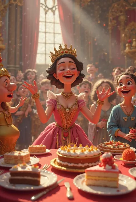 For the first time ever, Queen laugh **smiled, giggled, and even danced**!  
She kept her promise and threw the **biggest feast** the kingdom had ever seen. There was **cake, music, and laughter** all around cartoonish 3d 