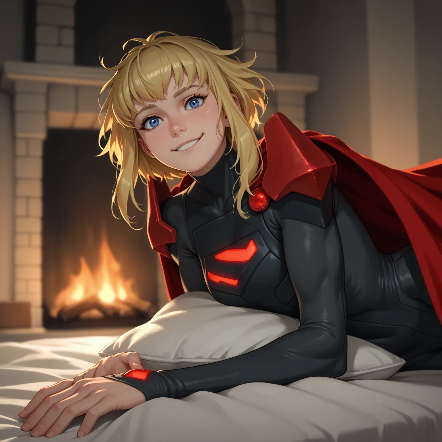 lying, on side, sidelay, fireplace, pillow, 1girl, solo, karazoreldef, short hair, blonde hair, medium breasts, toned, karazorelfit, red cape, red glow, black two-tone bodysuit, black shoulder armor, looking at viewer, horny, hot, flirty, attractive, teasi...