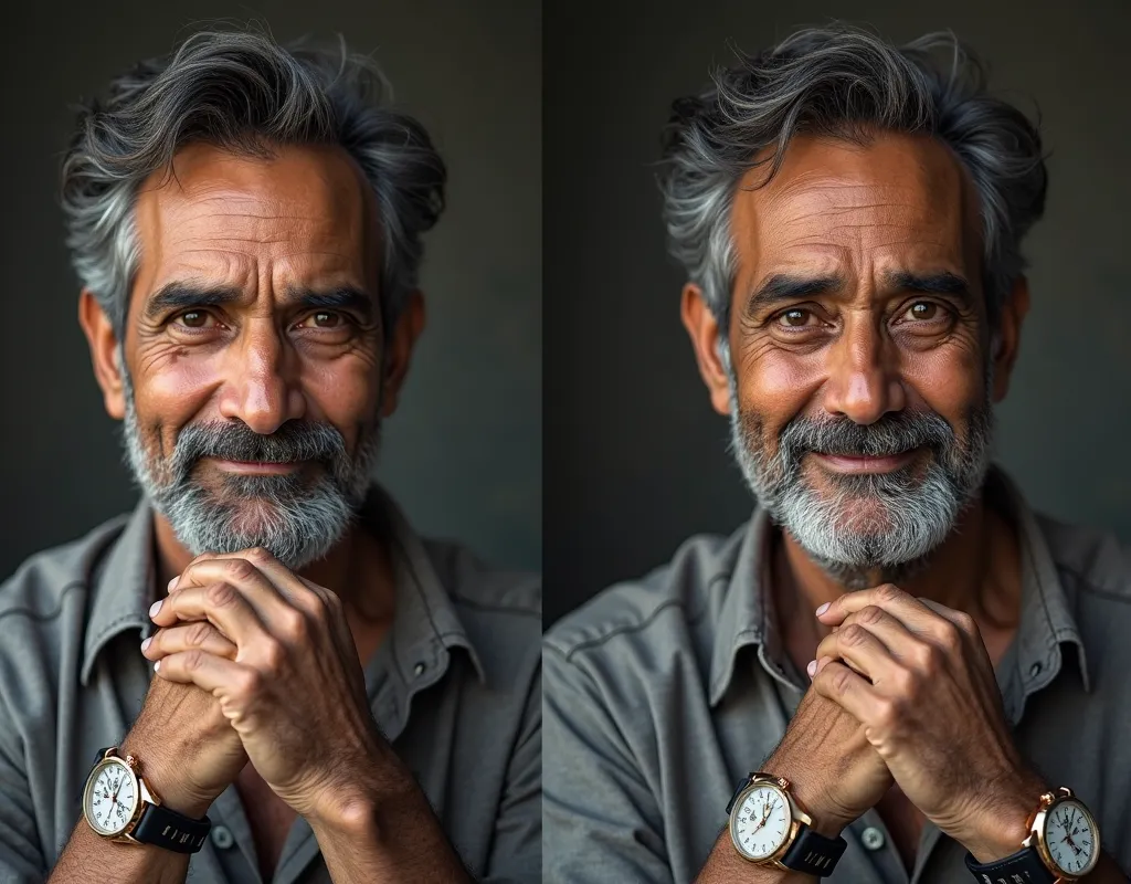 Two photos of the same 50-year-old Indian man. The first photo is a little sad, happy on the second, watches are on hand looking at the camera 
