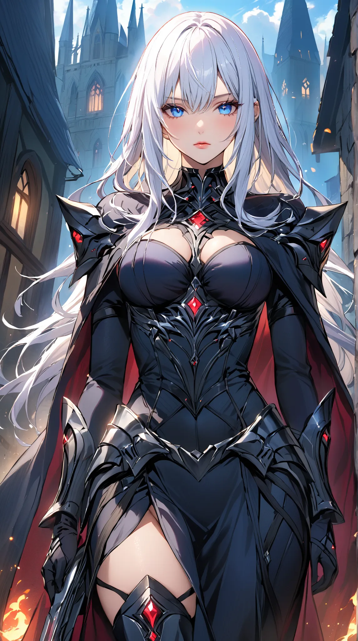 An excellent work，shows a single female character from the anime，has white hair and blue Eyes，Described as a Masterpiece，Superior Quality。 This character is full of power and mystery，Looks like Bayreese Asner（Byleth Eisner）meets the undead knight in a char...