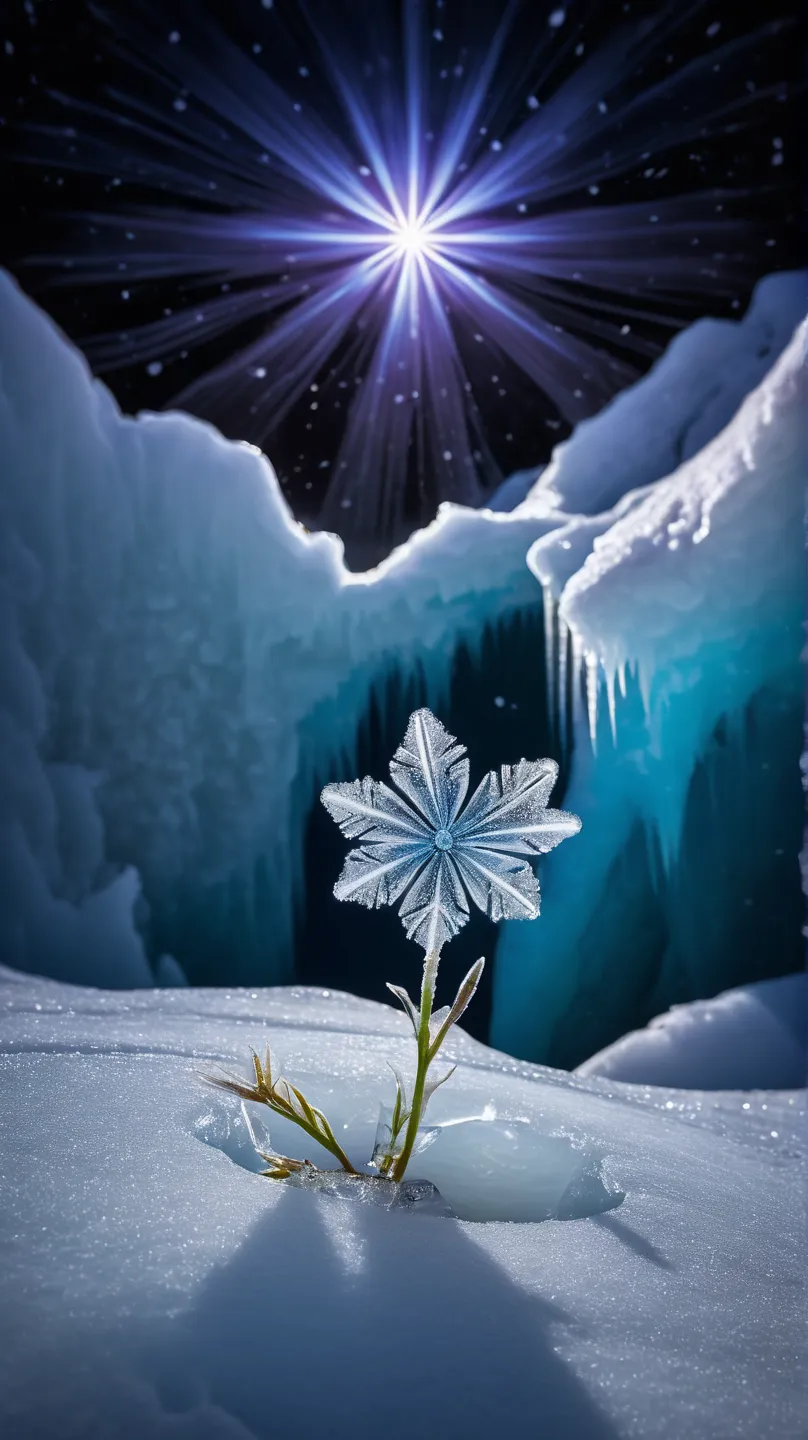 Ice Land、One ice flower is blooming from a rift in the ice、An ice butterfly flying around a flower、 Snowflakes、 auroras、Spotlight、glitter effect to mask,  lens flare, background blur, 