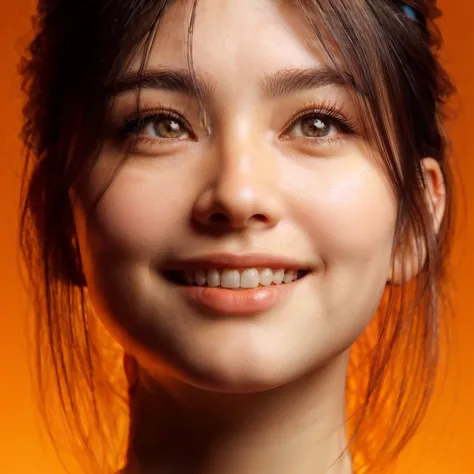 front view, close up face,  old age girl with long hair mixed european-asian, eyes looking up, smiling, looking up, orange background, Ultra-realistic, high-definition, 8K, high brightness,