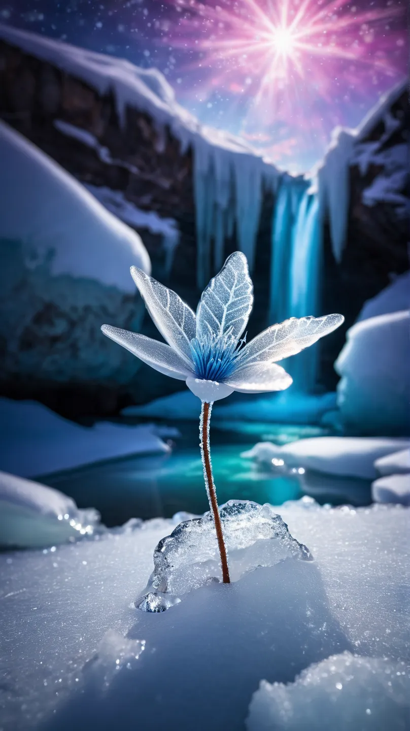 Ice Land、One ice flower is blooming from a rift in the ice、An ice butterfly flying around a flower、 Snowflakes、 auroras、Spotlight、glitter effect to mask,  lens flare, background blur, 