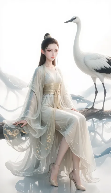 a girl, Ancient Chinese clothing, full body, sunshine, Clear face, Clean White Background , masterpiece, super detailed, Epic Composition, Ultra HD, high quality, Extremely fine, Official Art , Clear 8k Wallpaper , super detailed, 32K,CG,crane girl...