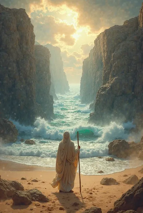 A highly realistic digital painting of Prophet Musa (Moses) standing before a vast sea that has parted, creating a dry path between two towering walls of water. The scene is set in an ancient Middle Eastern desert environment, with the sky filled with dram...