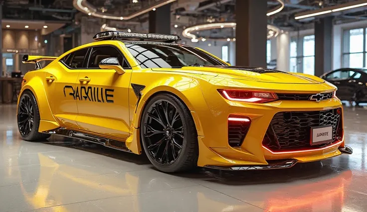 3D render of a heavily modified (2025  Chevrolet caprice)in(yellow )colour, (front right side view) The car features closing doors, ultra-high-detail glossy and shiny modifications, including sleek add-ons. The () logo is prominently displayed on the closi...