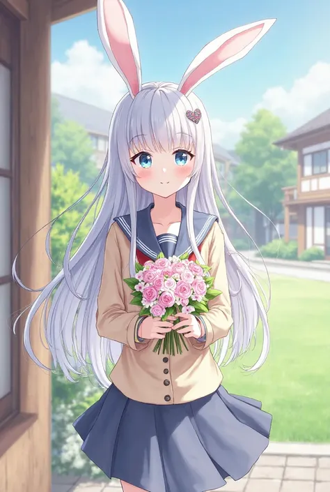 silver hair long hair blue eyes rabbit ears school uniform
school background、Beautiful beautiful girl holding a bouquet of flowers anime illustration