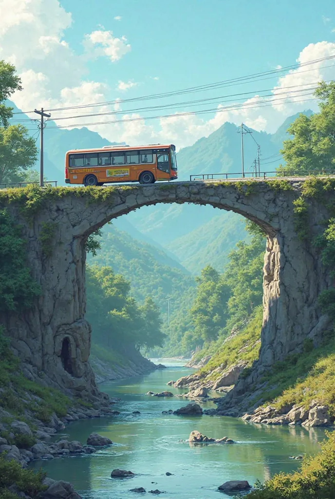 The bus line will be at one pass. And there will be a beautiful bridge near it. The bridge of the bus will be broken. There will be a little water under the bridge