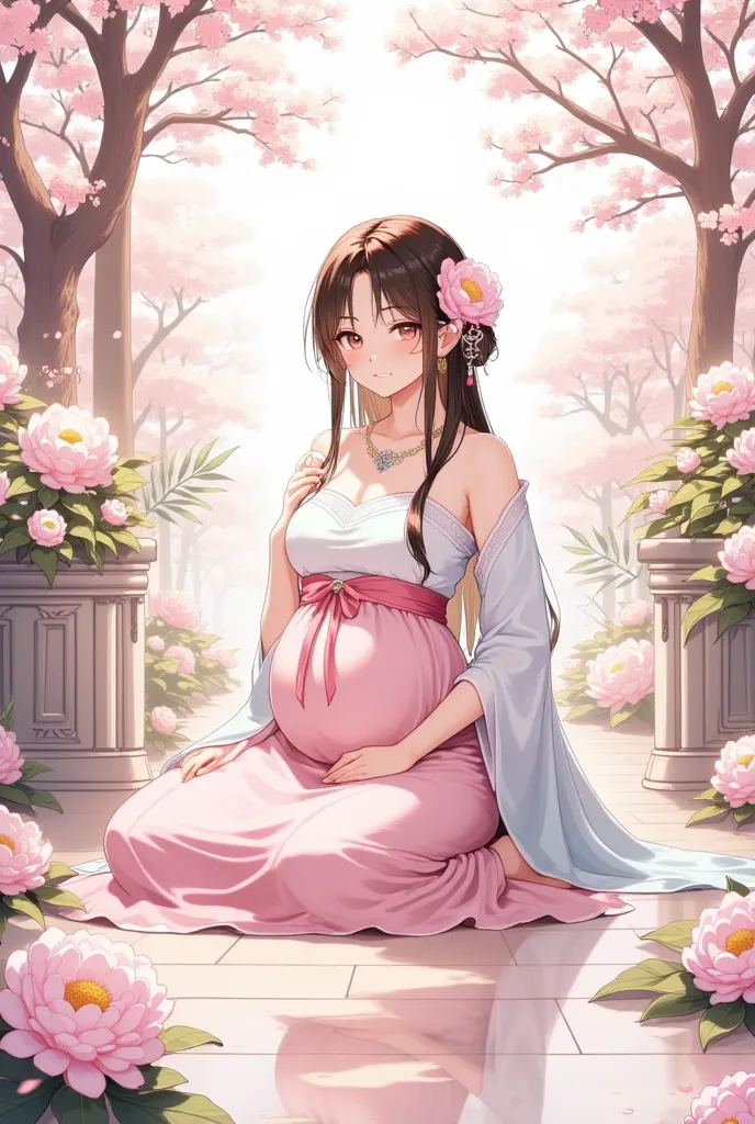 Anime - style footage of a pregnant woman sitting with her hands on the floor,  anime girls drawn by Shitao, pixiv, surrealism,  Beautiful anime girl squatting,  attractive anime girl , White-haired gods,  Holding knees , Smooth anime CG illustration, Gu W...