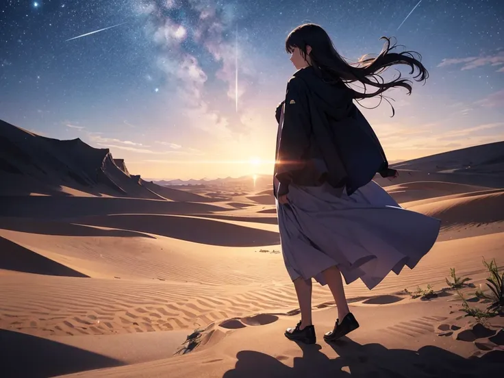 Blue Moon Flowers Blooming in the Desert（Opening Scene）
Vast Deserts Illuminated by Moonlight。
The blue flower blooming in the sand is swaying in the wind。
The main character looks like a silhouette in the distance（woman）is standing。