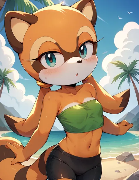 score_9, score_8_up, score_7_up, masterpiece, best quality, 1girl, solo, young, marineraccoon, furry female, orange fur, tube top, strapless, green shirt, bike shorts, blush,  beach, looking at viewer, palm trees, rocks,, shack, cloudy, light rays, 
