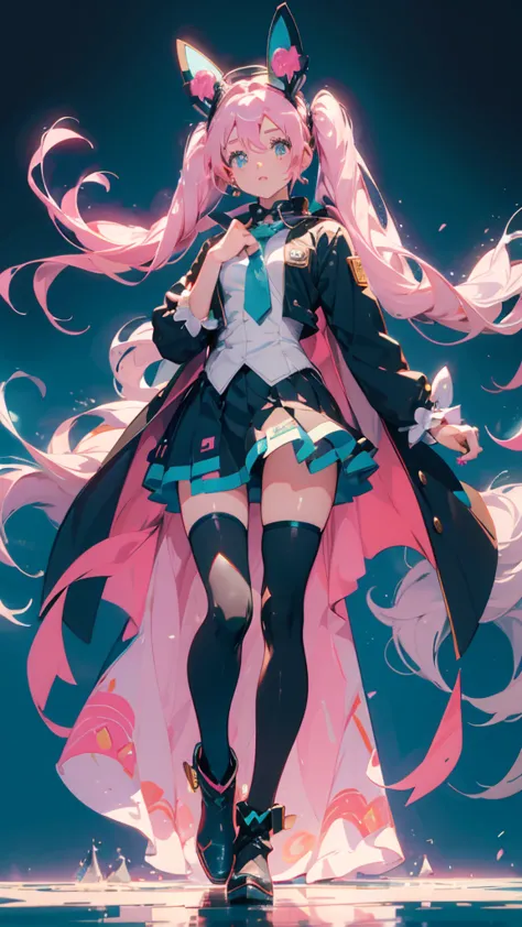  Hatsune Miku,Highest quality,  super fine, 16k, unbelievably absurd, very detailed, Beautiful pretty woman, shy, Big, bright eyes,  simple color background mini skirt,pantyhose,pink hair,black clothes,big goggles on the head,long boots,JoJo's Bizarre Adve...