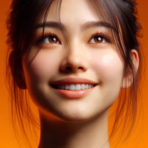 front view, close up face,  old age girl with long hair mixed european-asian, eyes looking up, smiling, looking up, orange background, Ultra-realistic, high-definition, 8K, high brightness,