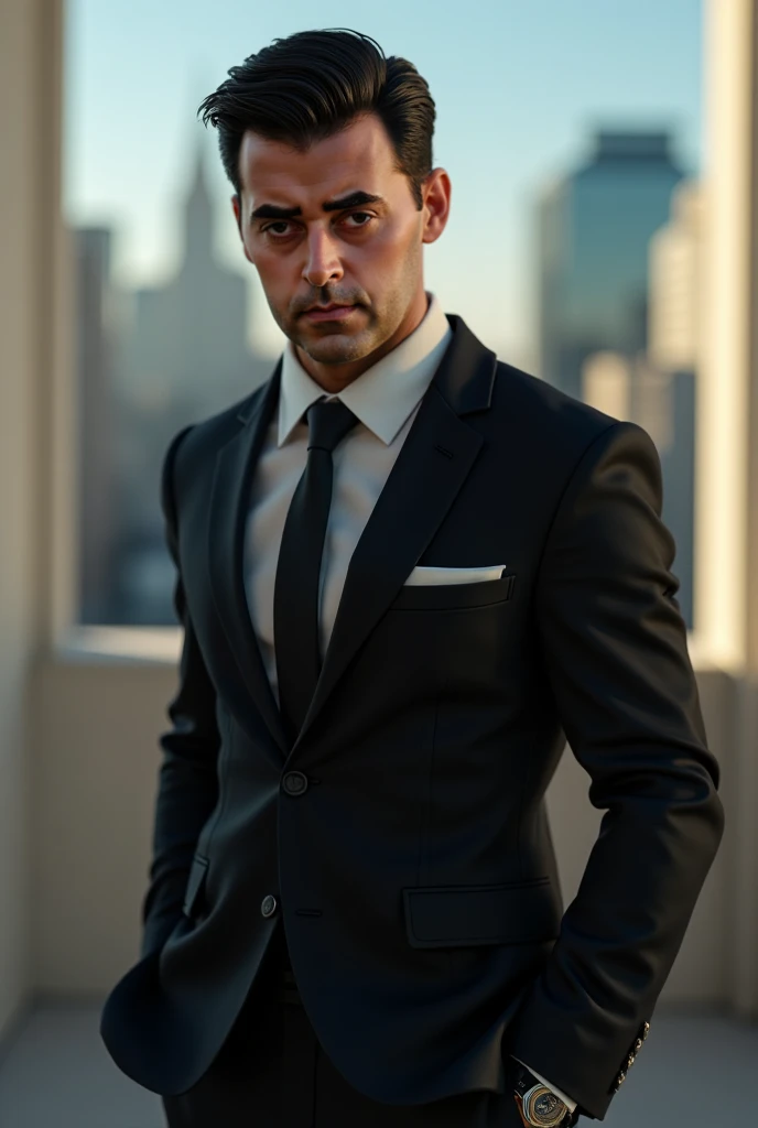 An action movie character wearing formal attire with short Lazio black hair 