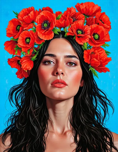 Create a portrait of a beautiful woman wearing a wreath of red poppies on a blue background, in pop art style 