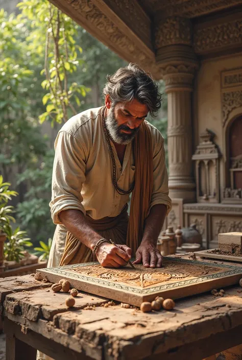 A handsome tough man wearing a kurti he is in mid thirties carving woden in backyard of haveli with garden and few piece of wooden furniture surrounded him