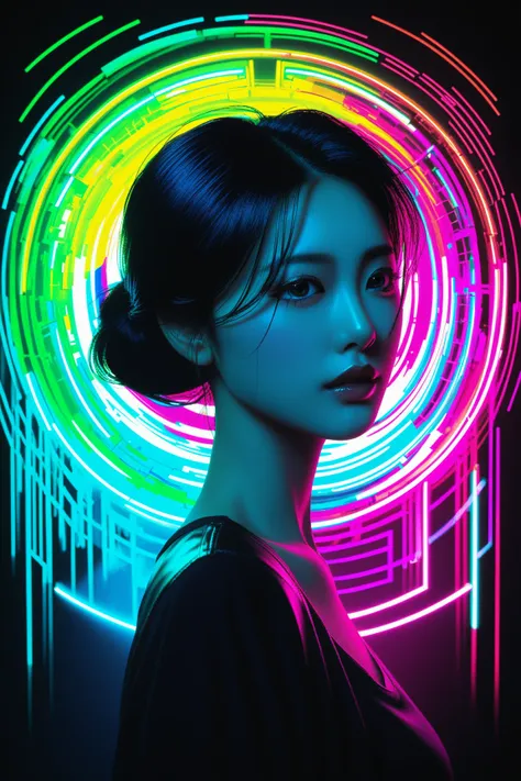 Expressionist artwork image of a robot girl, portrait, korean woman, colorful, color splash, neon colors, make it weird and gallery worthy, psychedelic, 60s, trippy, 