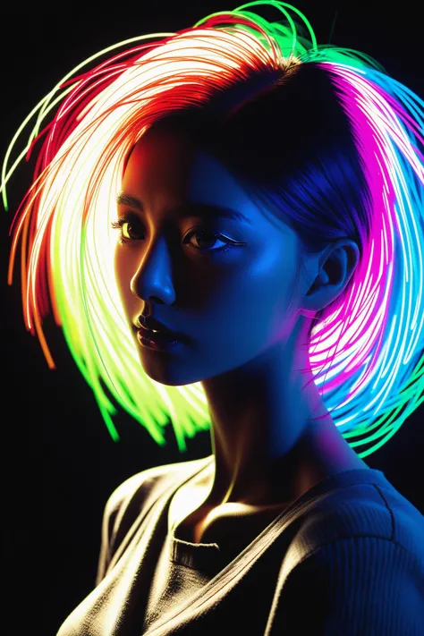 Expressionist artwork image of a robot girl, portrait, korean woman, colorful, color splash, neon colors, make it weird and gallery worthy, psychedelic, 60s, trippy, 