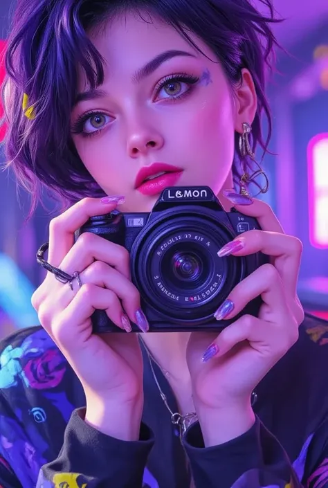 beautiful hands, transparent nails, glossy nails, a girl with short hair that looks like a boy, black hair, detailed eyes, nose, lips and, in simple clothes, holding a camera in one hand, the other hand near her face.camera (highest quality, 4K, 8k, high r...