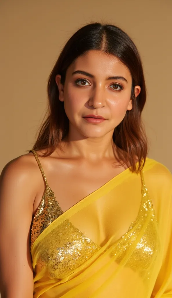 Generate a ultra realistic close up front image of a woman in a very light yellow fully transparent sleeveless saree. The blouse is golden colour with mirror sequins. It has no sleeves and has a golden satin finish with spaghetti straps. The woman is givin...