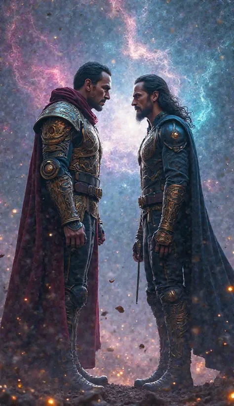 Create an image of Kang and Loki ware both are looking at each other background cosmic and galaxy 