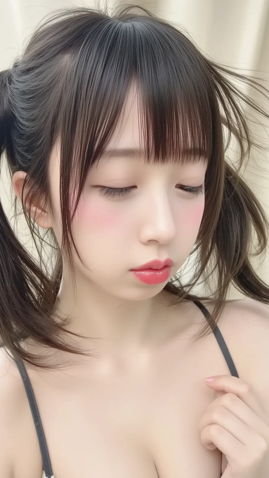 A Japanese woman with twin-tails, eyes closed, and lips pursed as if she is playfully pouting. She has smooth, fair skin and wears a stylish outfit, possibly a school uniform or casual modern clothing. The background is softly blurred, emphasizing her expr...