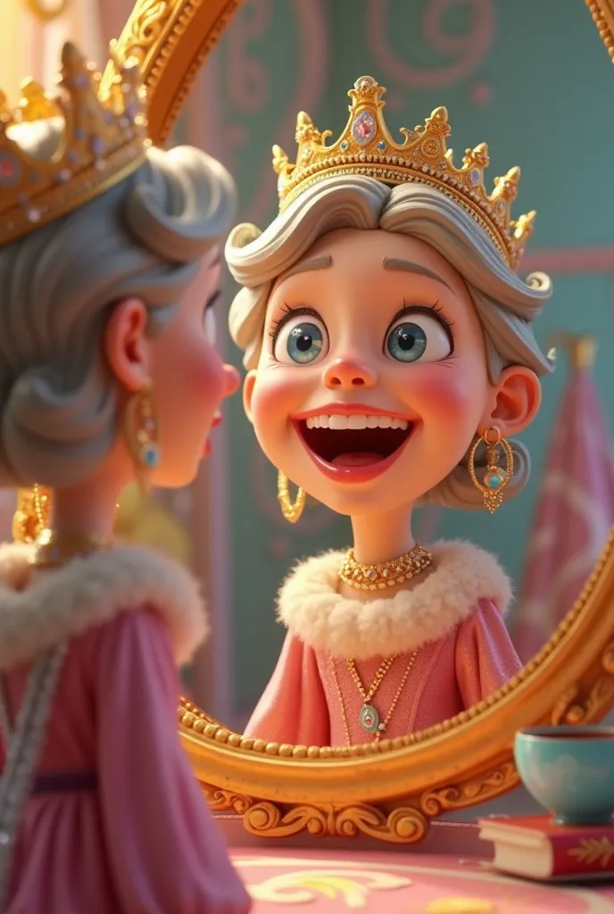 From that day on, Queen happy was no longer grumpy. And whenever she felt a frown coming, she just **looked in the mirror**—and laughed again cartoonish 3d 