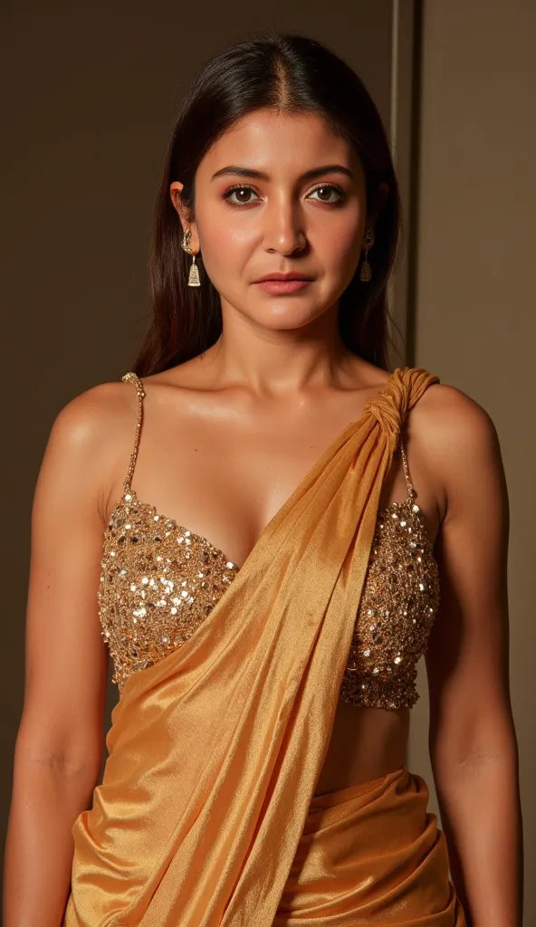 Generate a ultra realistic close up front image of a woman transparent sleeveless saree. The saree is bronze in color. The blouse is golden colour with mirror sequins. It has no sleeves and has a golden satin finish with spaghetti straps. The woman is givi...