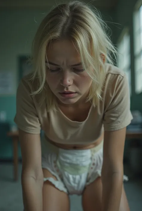 Realistic sad and embarassed young s blonde woman wear only a close up of a plastic diaper with tape on it on the school 