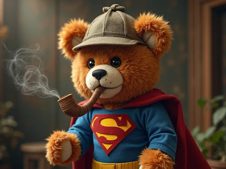 (((butterbearv1))), (((teddy bear))), a wide cinematic shot of "A fluffy teddy bear mascot named Noey, dressed in a Superman costume, they dressed like a detective with a long pipe and detective hat like Sherlock Holmes, realistic image, high quality.