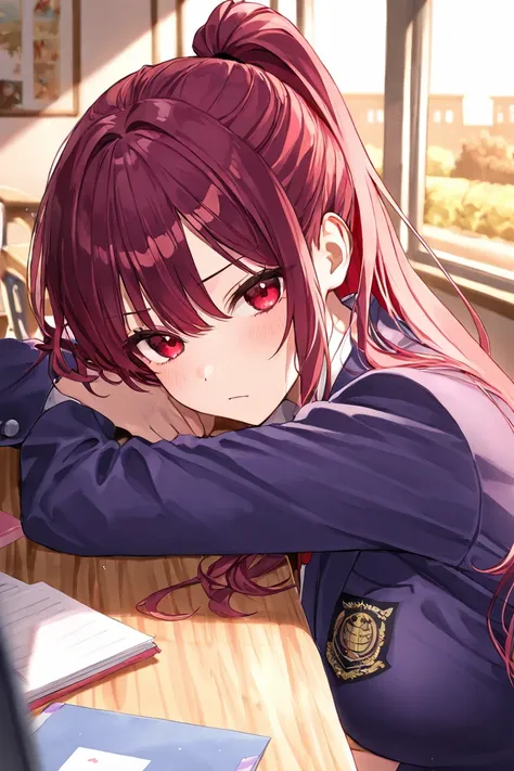  navy blue blazer、 red eye color、 maroon hair、long hair、ponytail、 beautiful and slender high school student、 Residential Area Scenery 、evening、 serious expression、 reach out