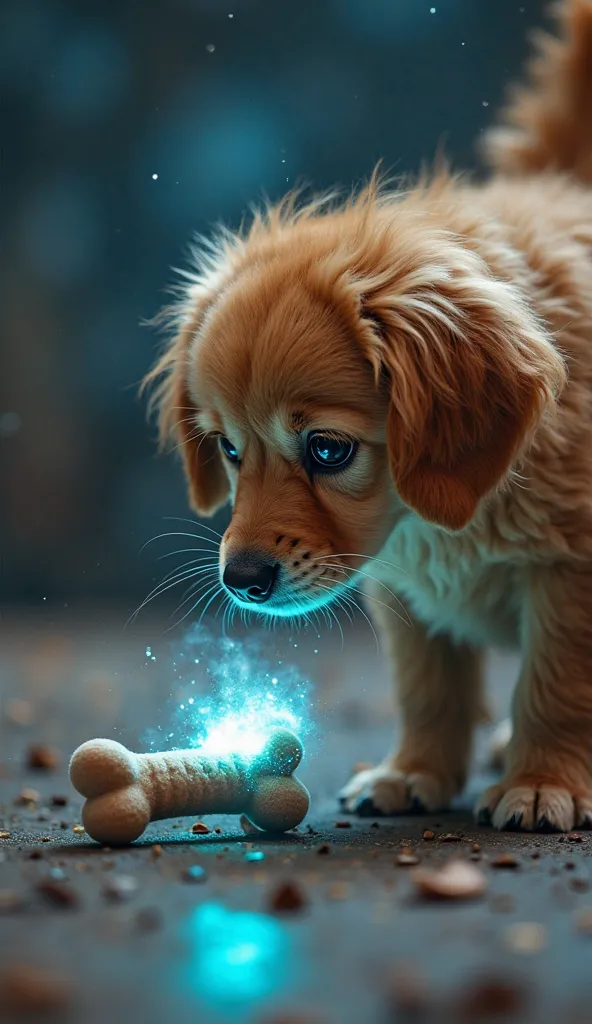 "The spaceship’s small hatch opens with a soft whoosh, revealing something strange inside. A fluffy golden-brown dog with soft, wavy fur dog steps closer and notices a bone unlike any other—it glows with a strange, pulsating blue energy. His eyes widen in ...